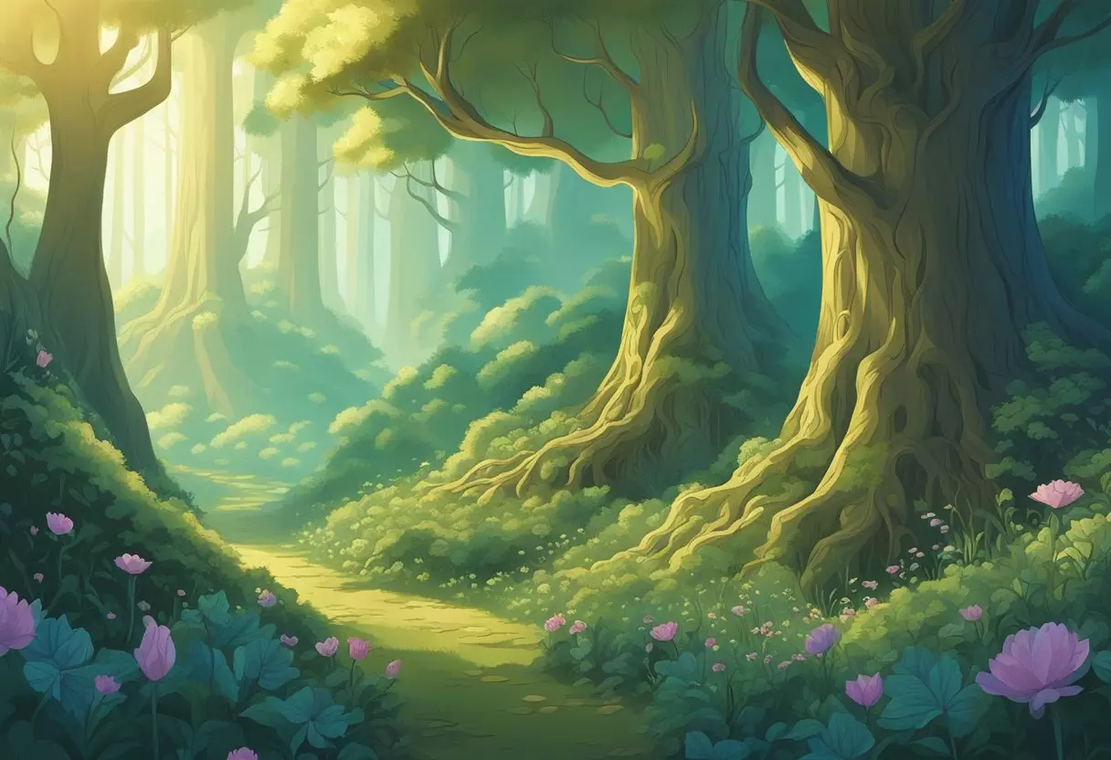 A mystical forest with ancient trees and glowing flowers, inspired by 