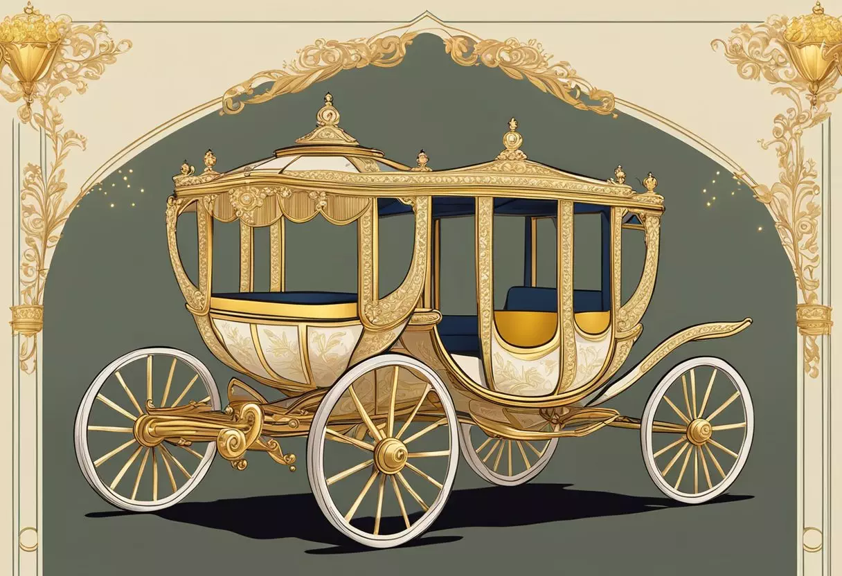 A royal carriage adorned with golden trim and colorful banners, carrying a scroll with the words 