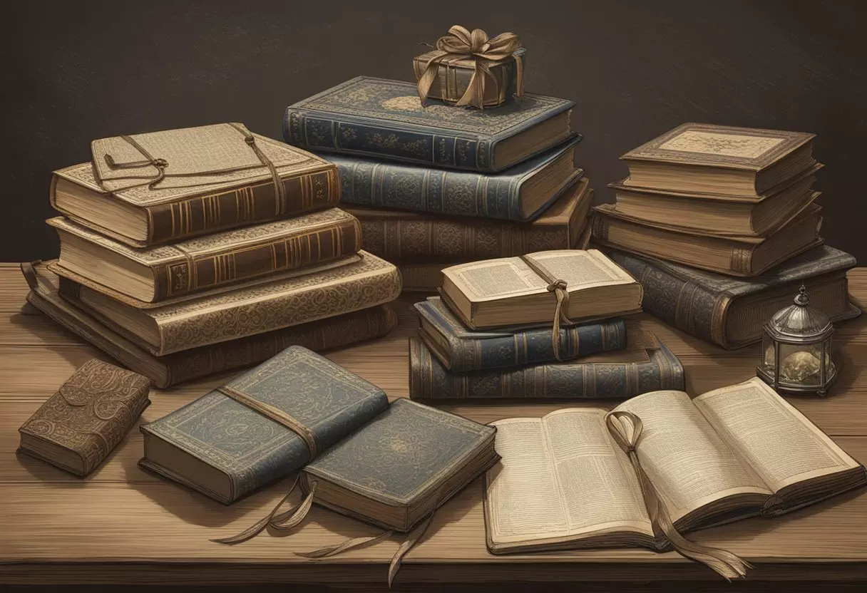 A collection of old-fashioned name books spread on a weathered table, surrounded by antique trinkets and delicate lace ribbons