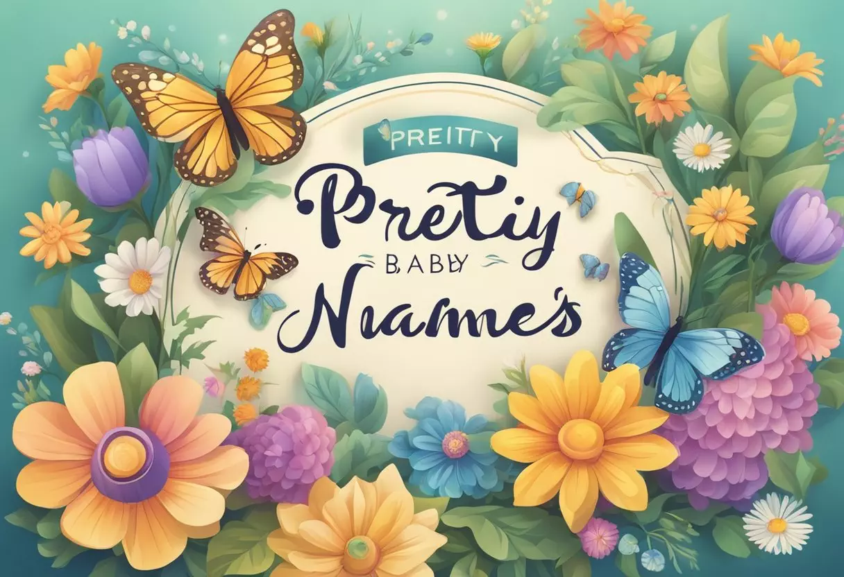 Colorful flowers and butterflies surround a whimsical sign with 