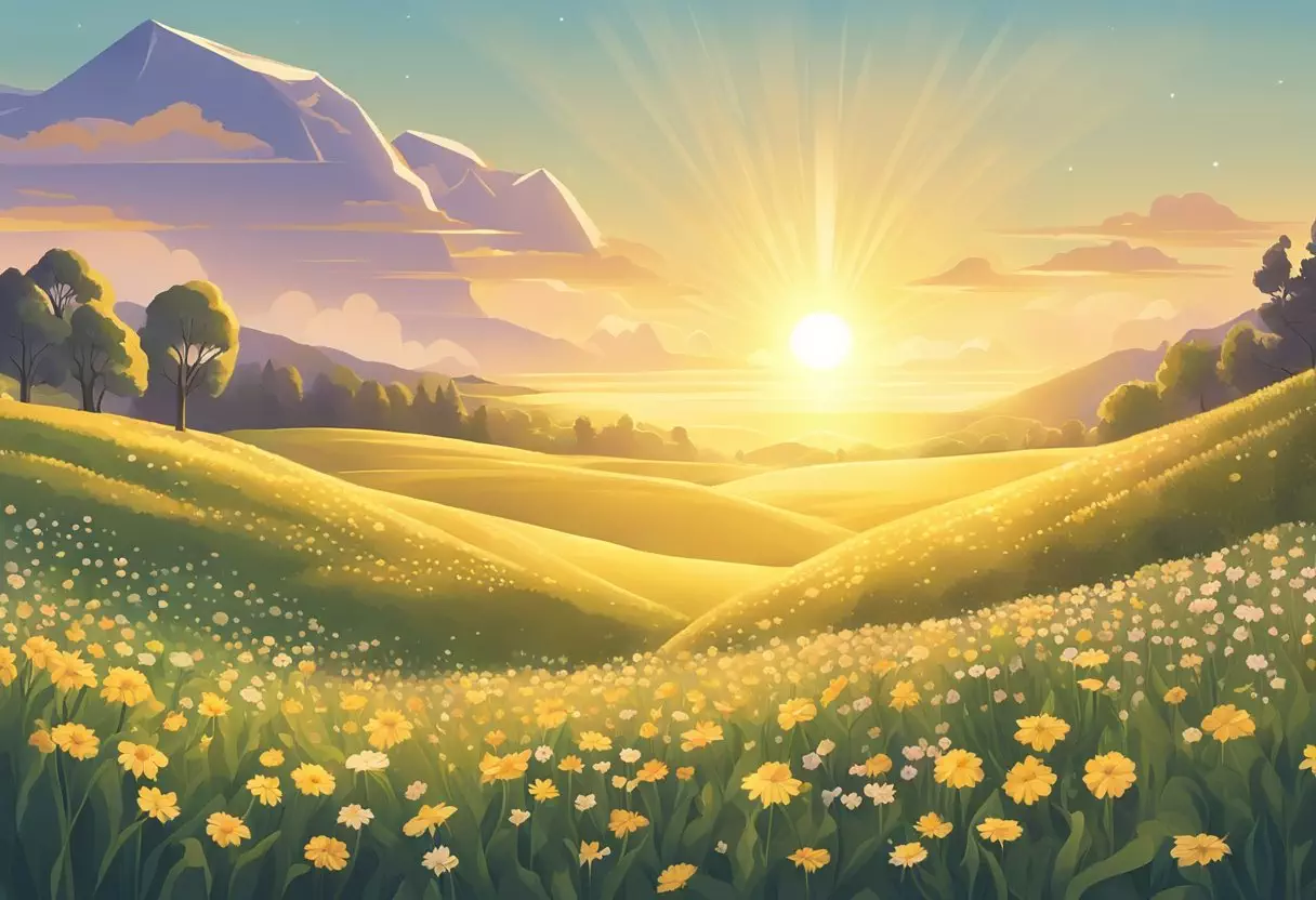 A glowing, golden sunrise over a tranquil meadow with a delicate, blooming flower representing hope