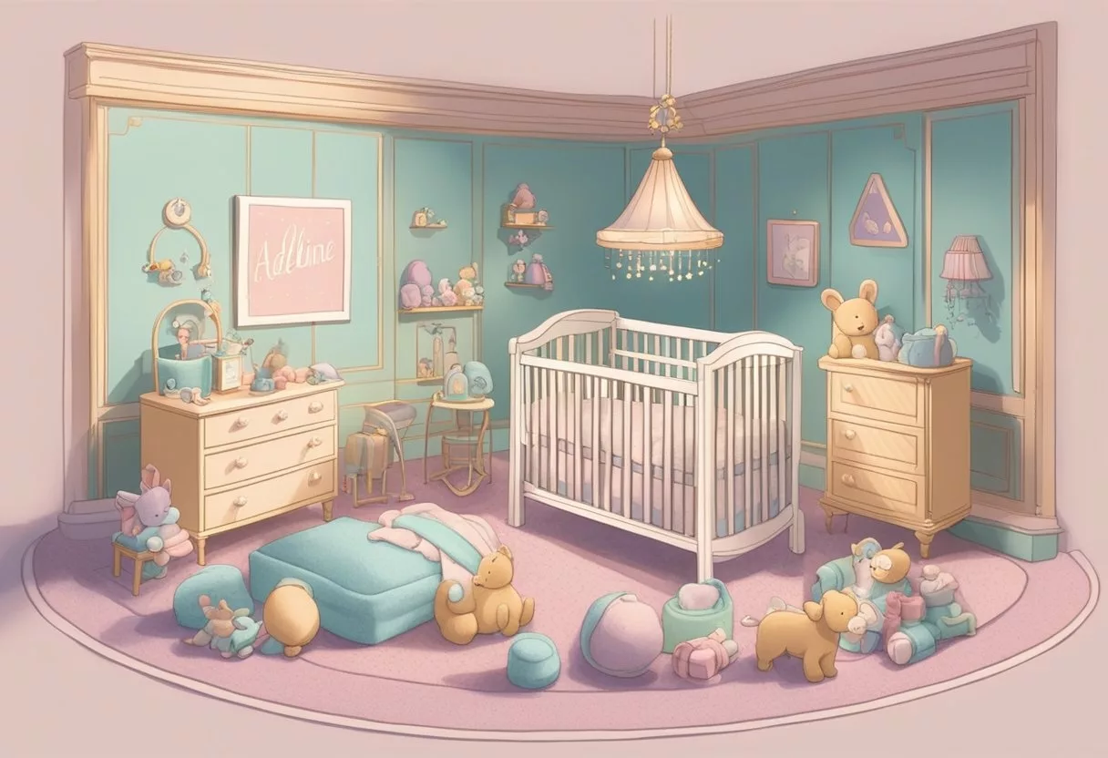 A crib with the name "Adeline" written in elegant cursive letters, surrounded by soft, pastel-colored blankets and toys