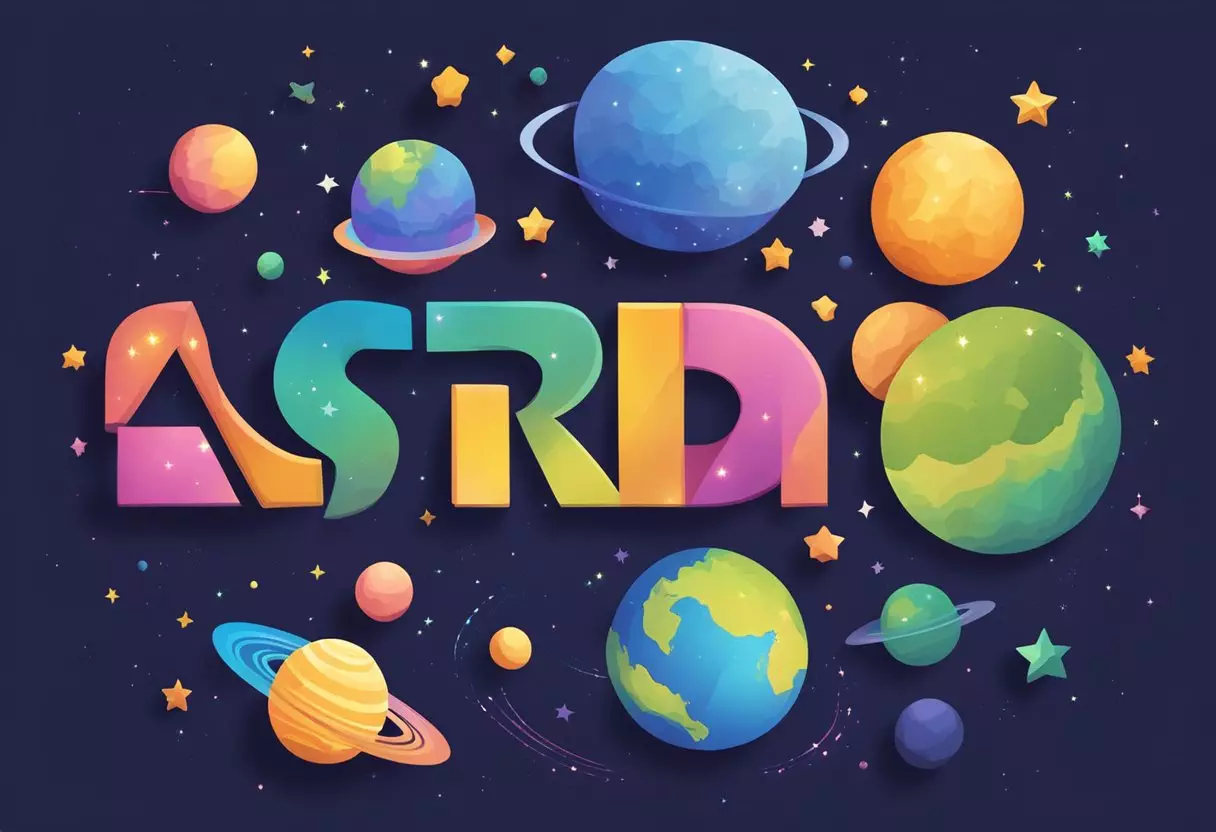 Astrid's name written in colorful block letters, surrounded by stars and planets