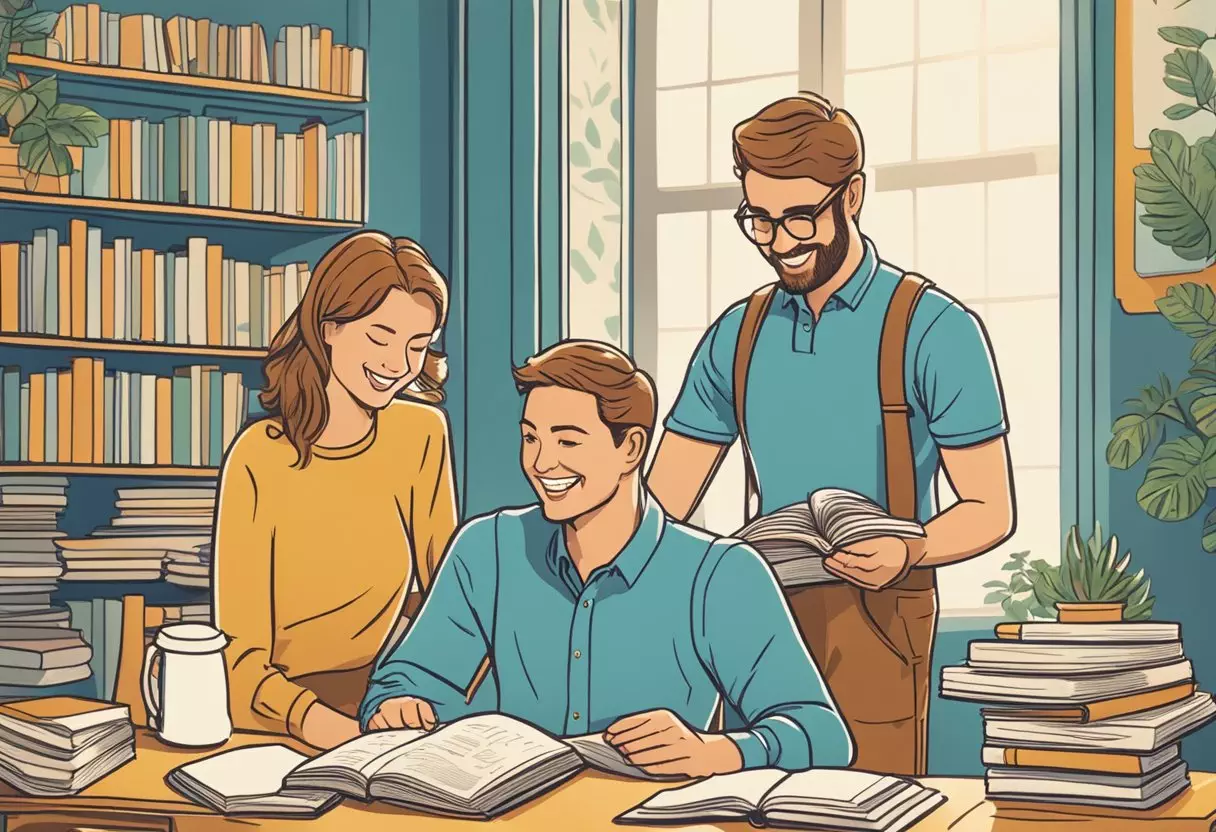 A smiling couple sits at a table, surrounded by baby name books and lists. They point to the name 