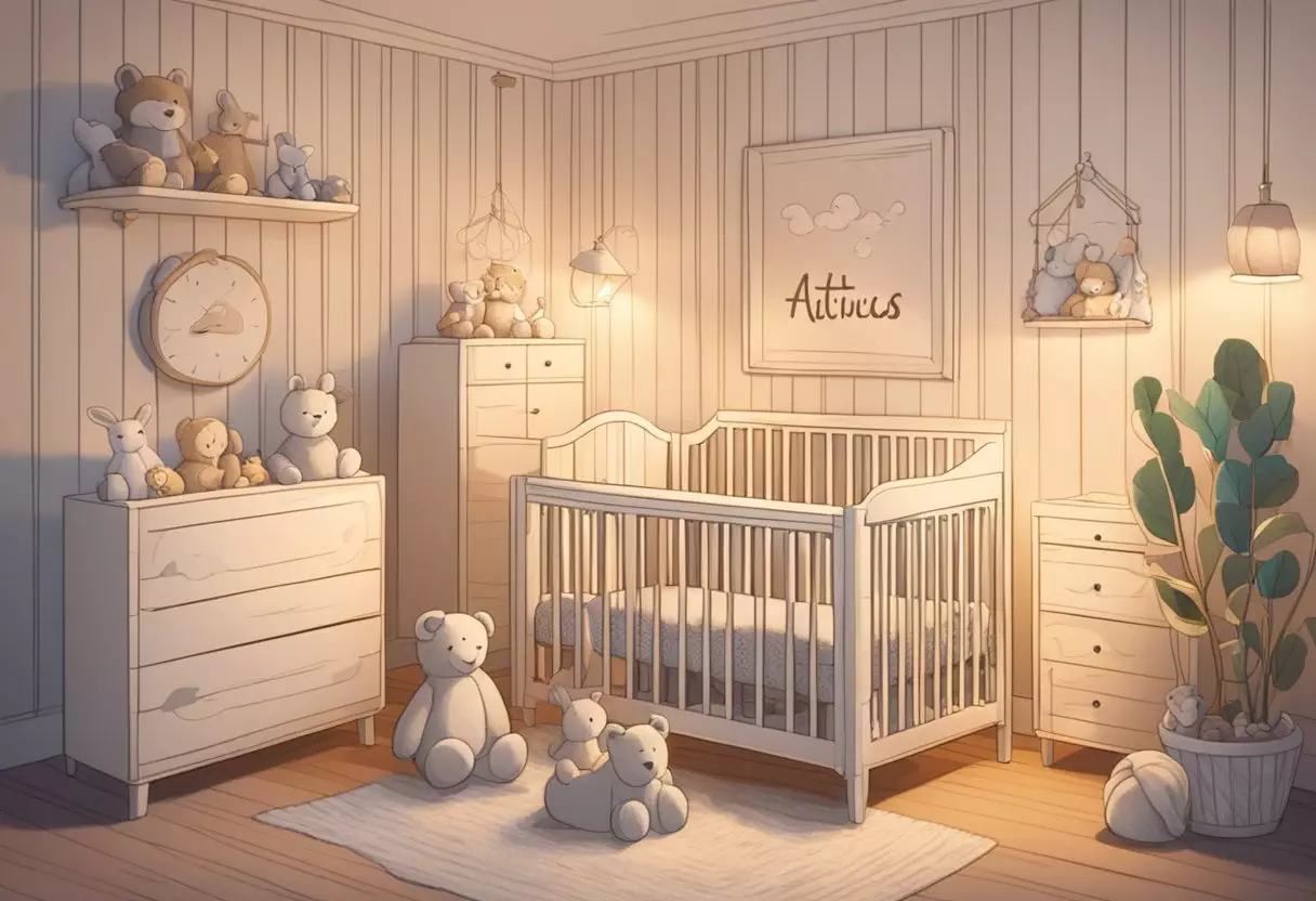 A cozy nursery with a crib adorned with the name 