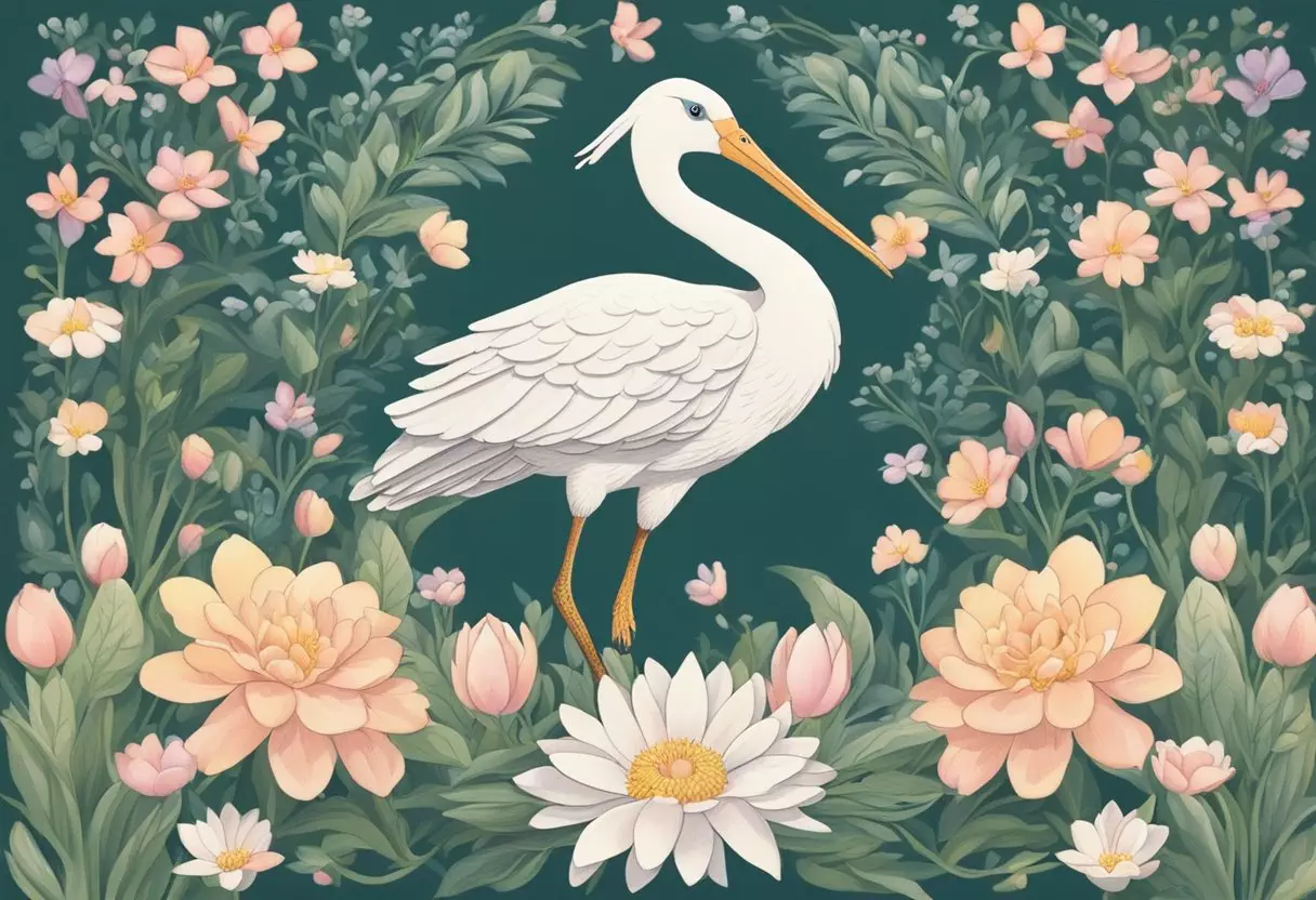 A blooming garden with a stork delivering a bundle of joy, with the name 