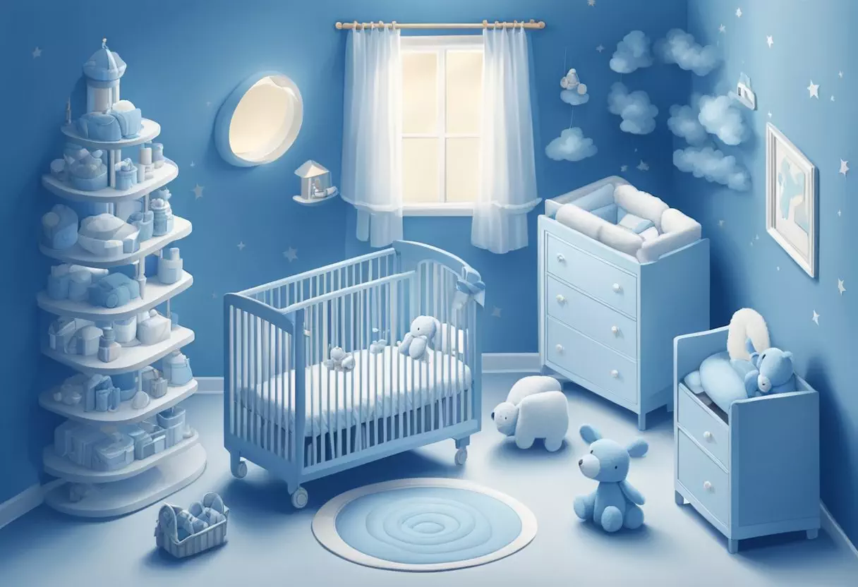 A blue-themed nursery with a crib, mobile, and toys. A soft, calming atmosphere with shades of blue and white