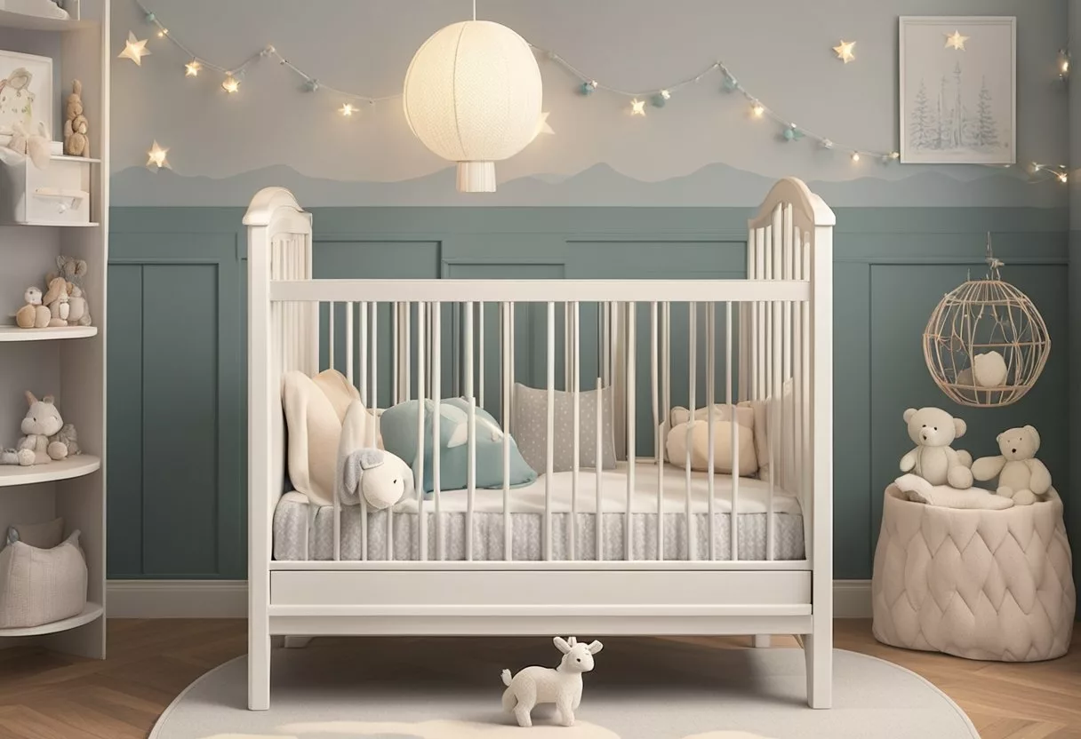 A small, delicate crib with the name "Bella" painted on the side, surrounded by soft blankets and toys