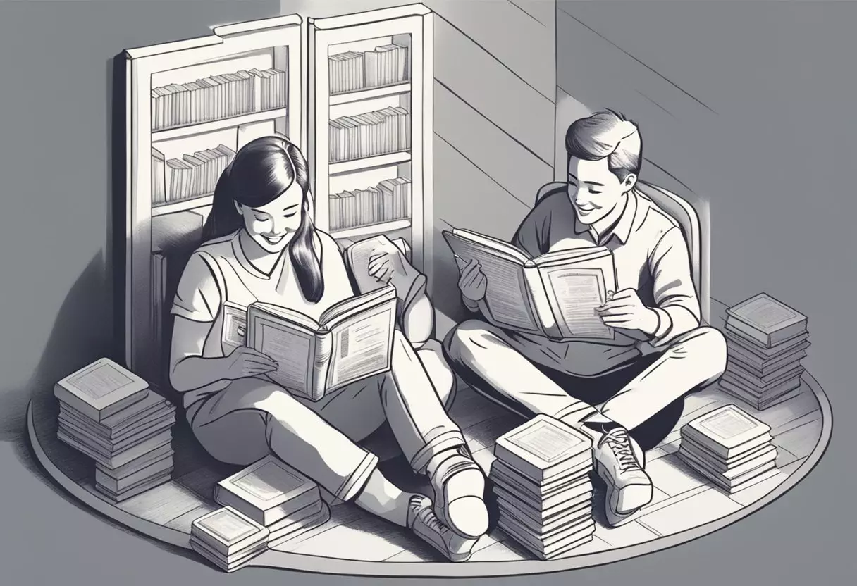 A couple sits surrounded by baby name books, pointing to the name 