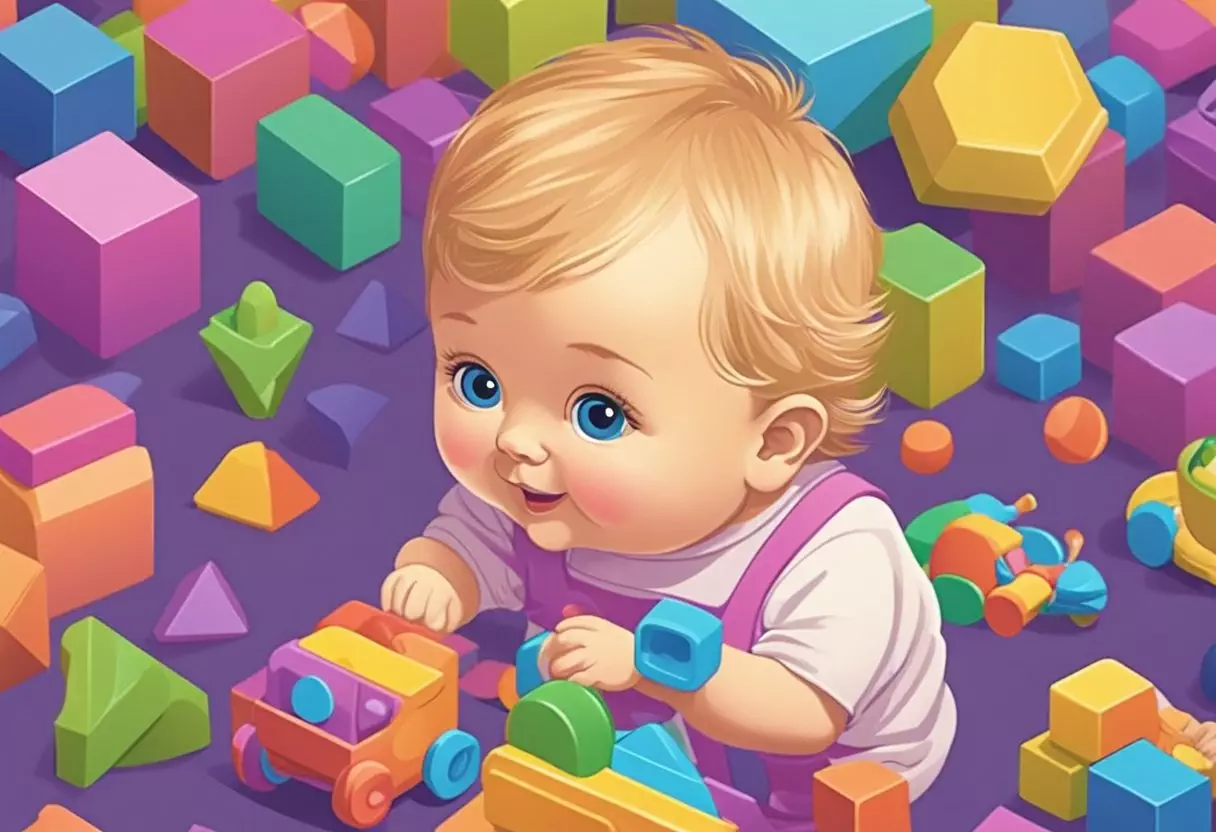 A baby named Chloe playing with colorful toys