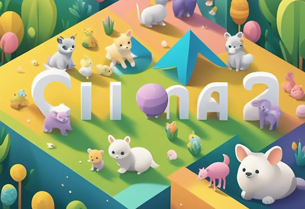 Cienna's name written in colorful block letters surrounded by playful baby animals