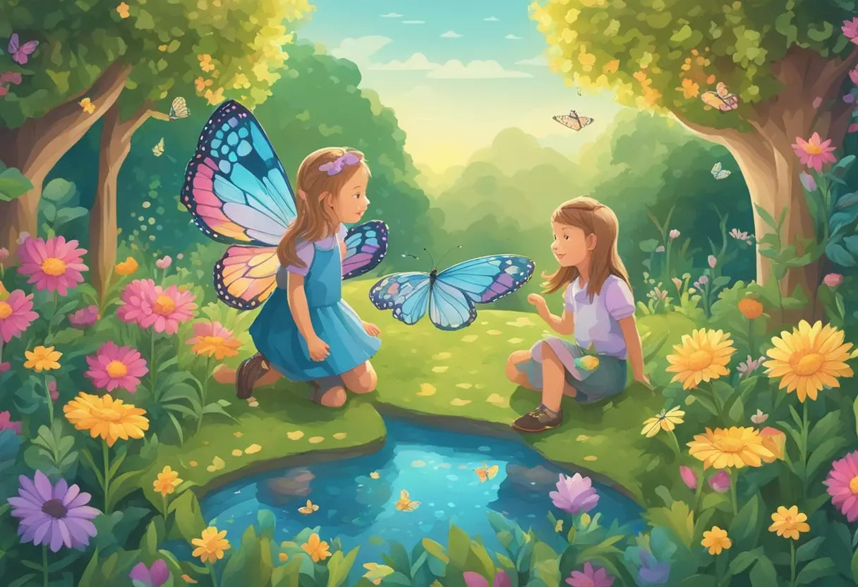 Two small creatures, Cienna and her sibling, playfully interact in a lush garden setting, surrounded by colorful flowers and butterflies