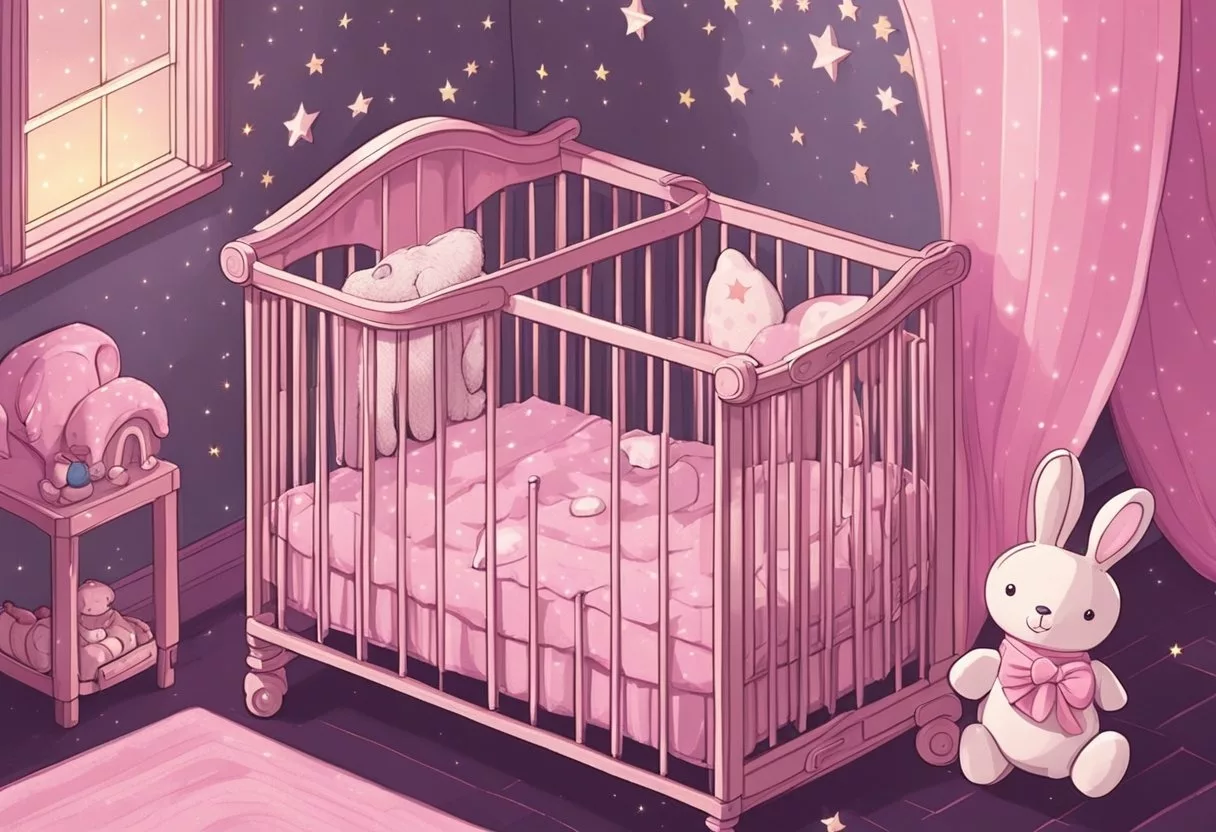 A crib with a pink blanket and a stuffed bunny. A mobile with stars and moons hangs above. A pacifier rests on the mattress