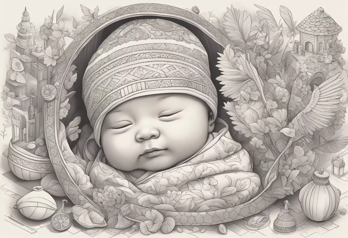 A newborn baby named Claire surrounded by cultural symbols and traditions from different backgrounds