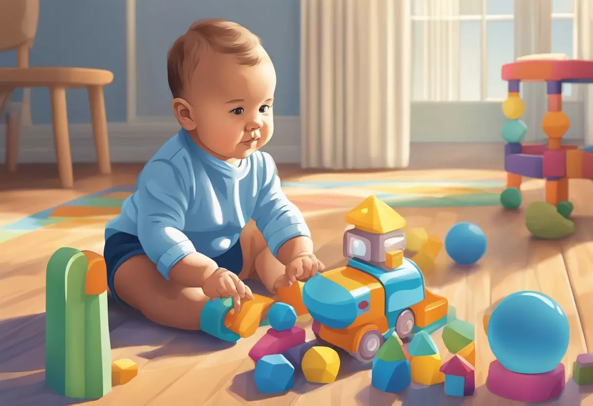 A baby named Cole playing with a colorful toy