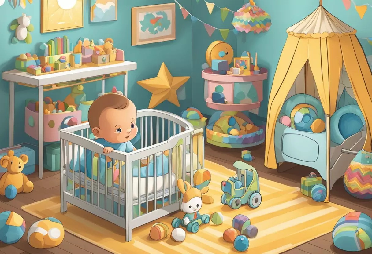 A baby named Collins playing with colorful toys in a cozy nursery