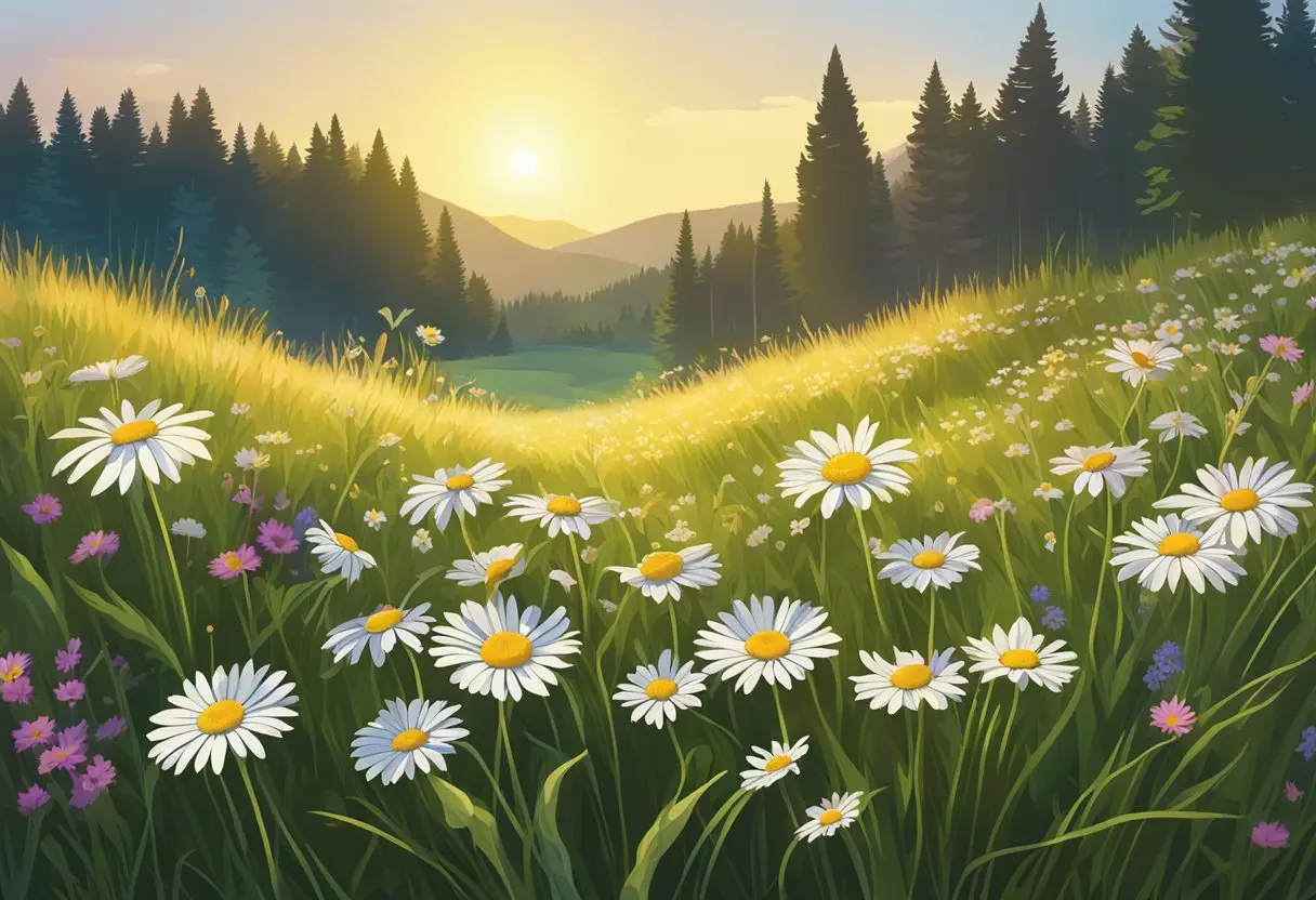 A small daisy blooms in a sunny meadow, surrounded by tall grass and colorful wildflowers