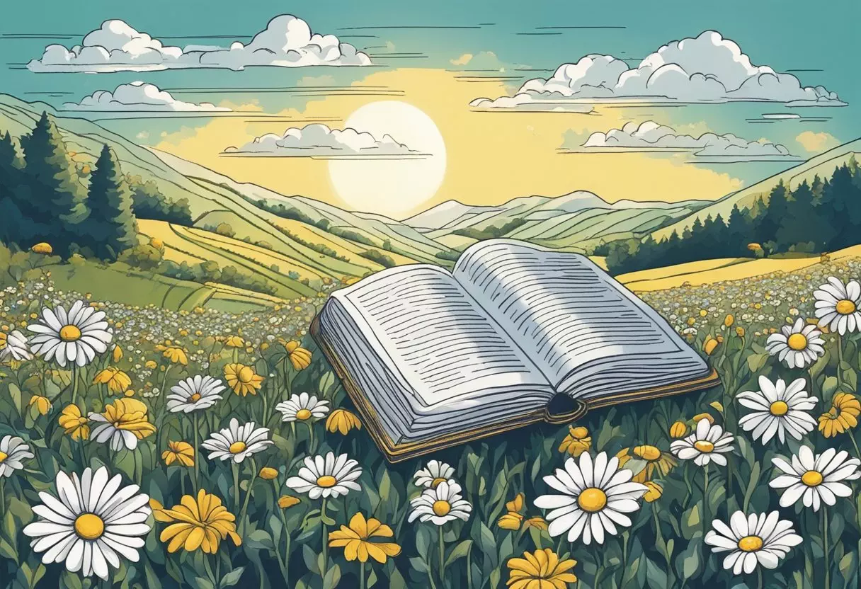 A field of daisies with a book and cultural symbols