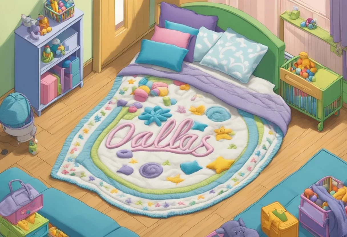 A small, soft blanket with the name "Dallas" embroidered in delicate script, surrounded by colorful toys and a cozy crib