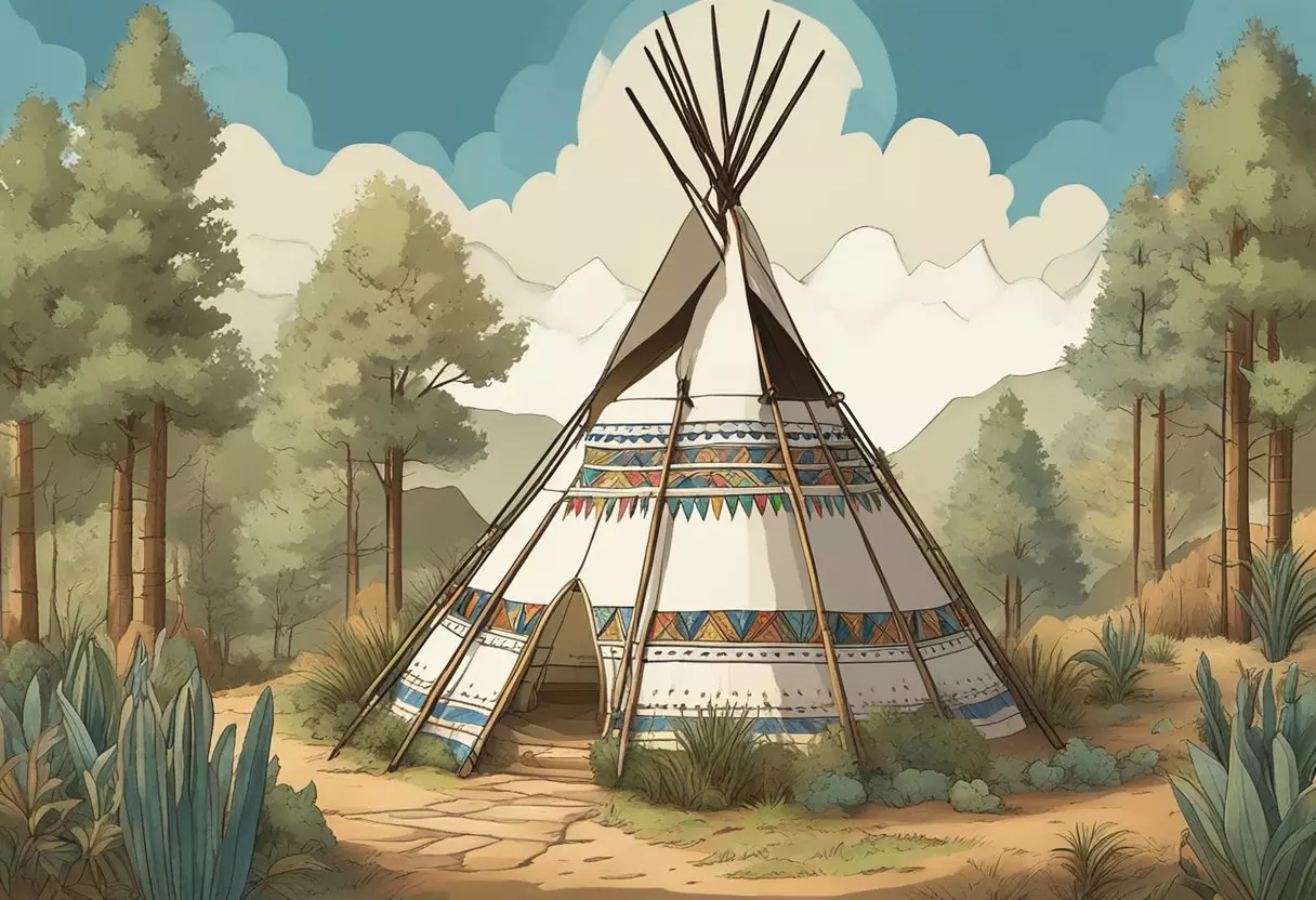 A traditional Dakota teepee adorned with symbols and colors, surrounded by sacred plants and animals, with the name 