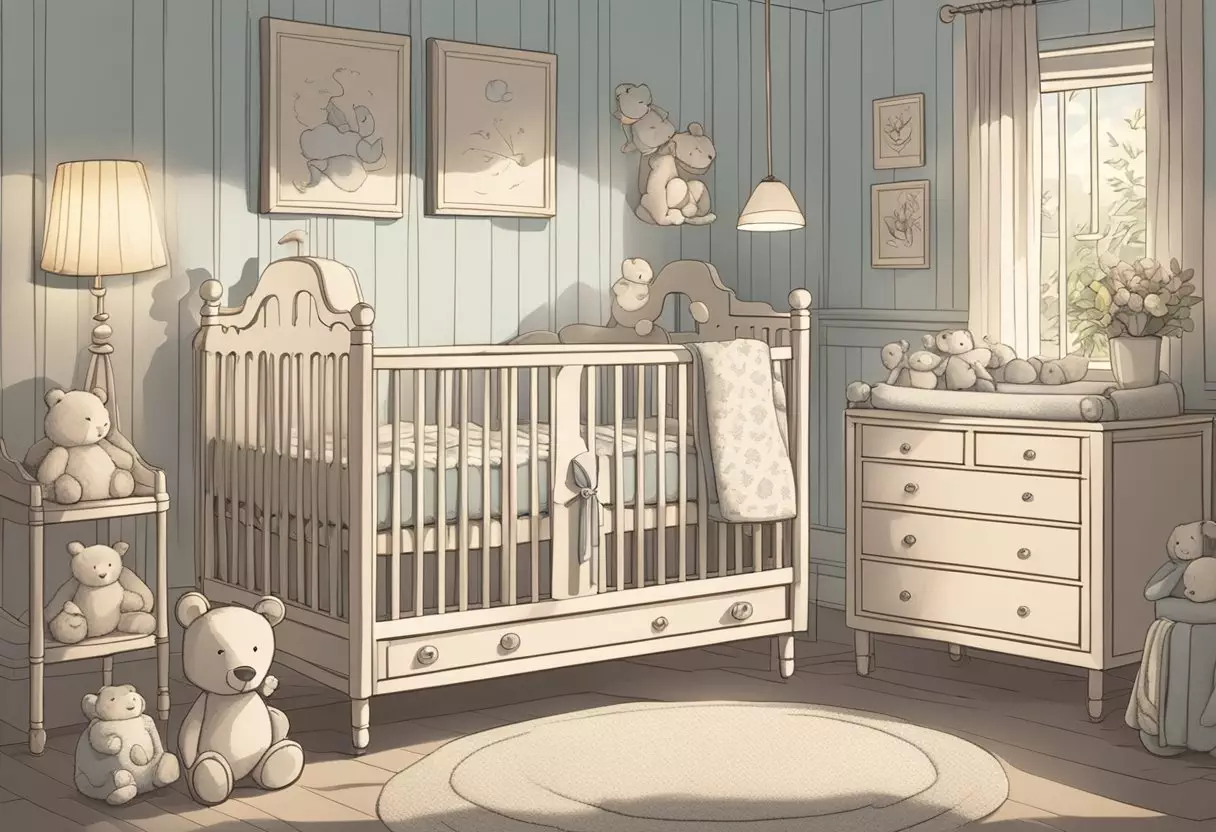 A cozy nursery with a crib labeled 