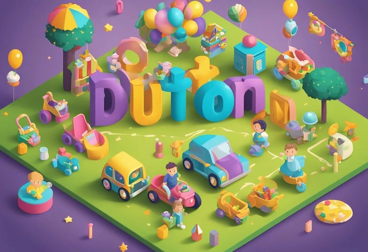 A baby name "Dutton" displayed on a colorful sign with playful fonts and surrounded by a variety of baby-related items like toys, blankets, and pacifiers