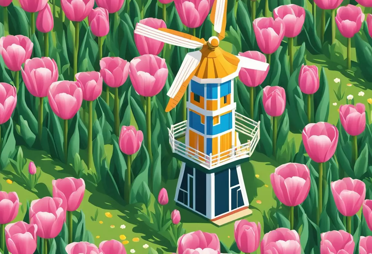 A windmill stands tall in a field of vibrant tulips, with a sign reading 