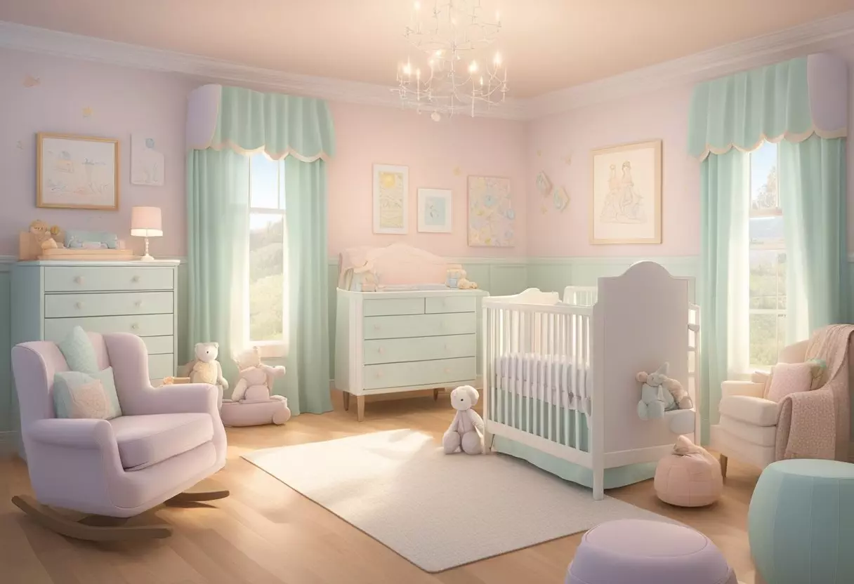 A soft, pastel-colored nursery with a crib adorned with the name 