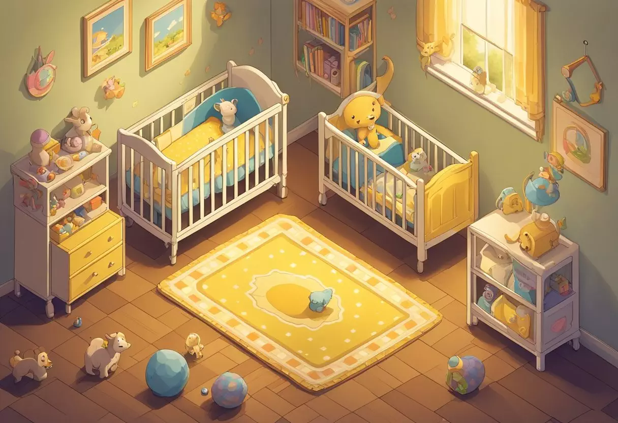 A small room with a crib in the center. The walls are painted a soft yellow and decorated with colorful animal decals. Toys are scattered on the floor, and a mobile hangs above the crib, gently spinning