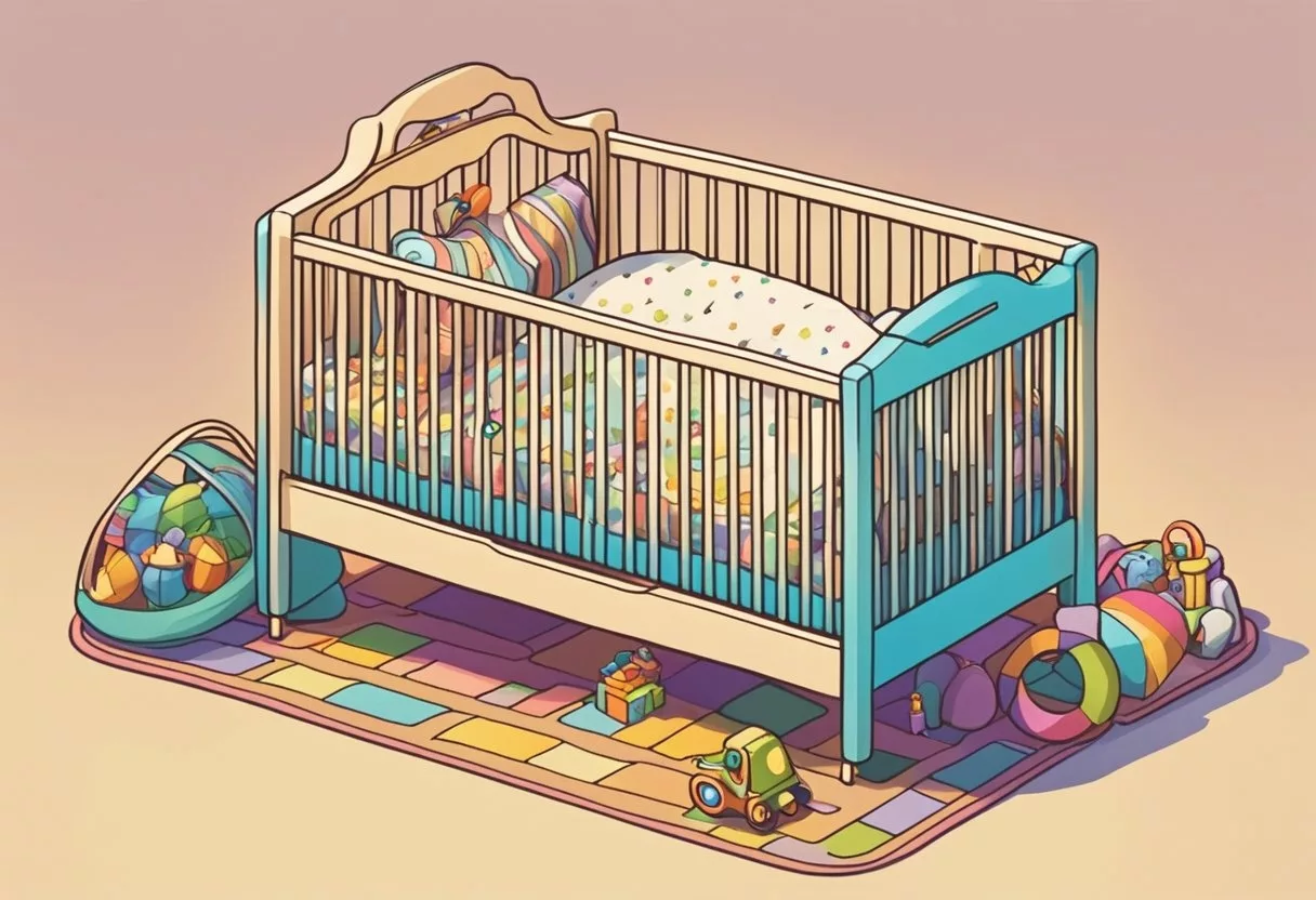 A crib with the name "Elijah" written on it in colorful letters, surrounded by toys and a soft blanket