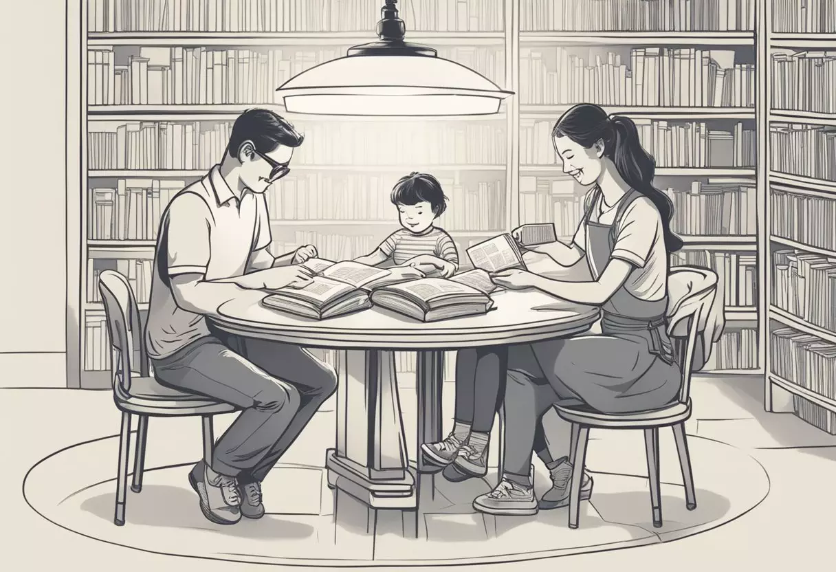 A couple sits at a table, surrounded by baby name books. They smile as they settle on the name 