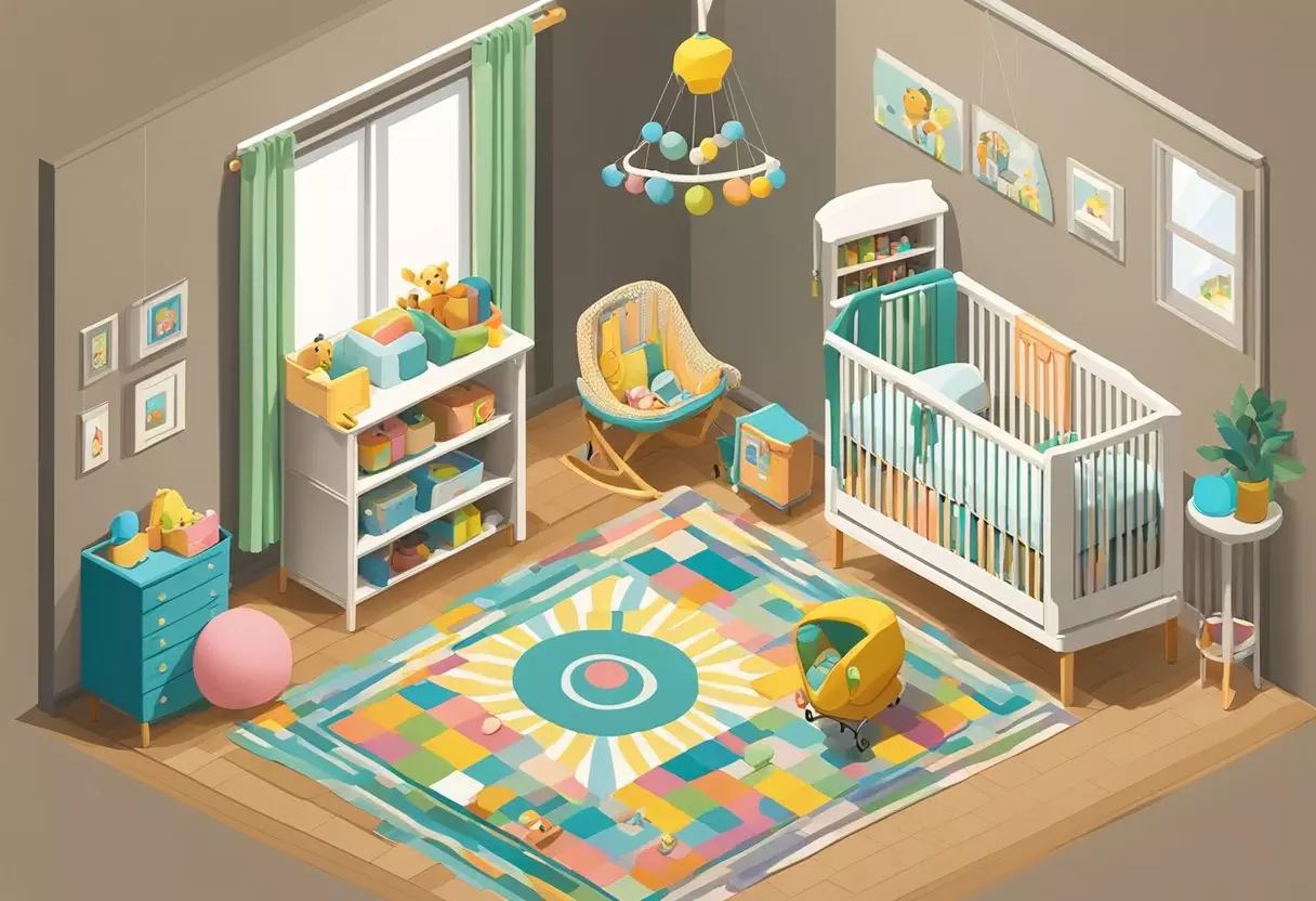 A colorful nursery with toys scattered around, a crib with the name 