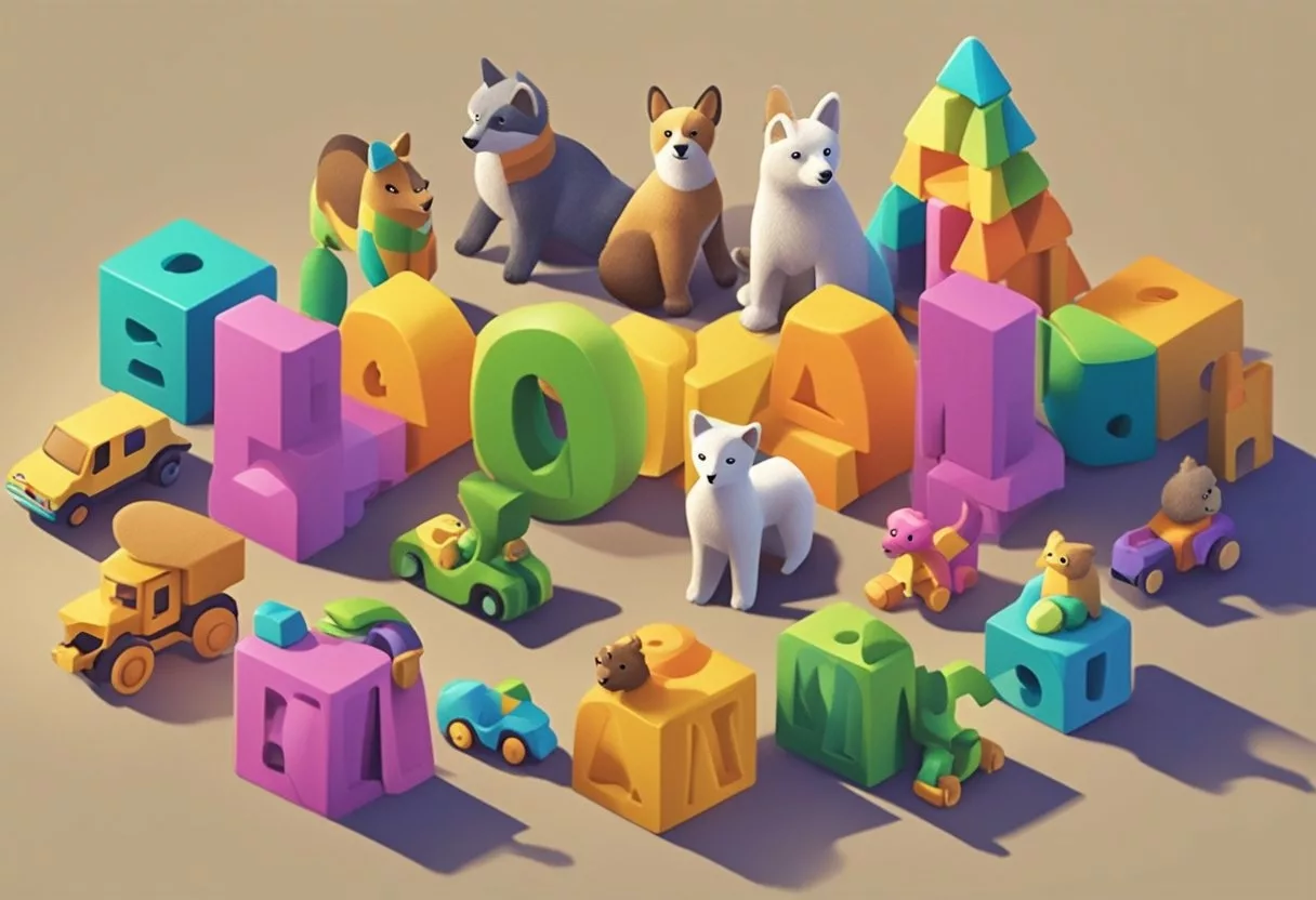 Fallon's name written in colorful block letters, surrounded by playful animal toys and a cozy blanket