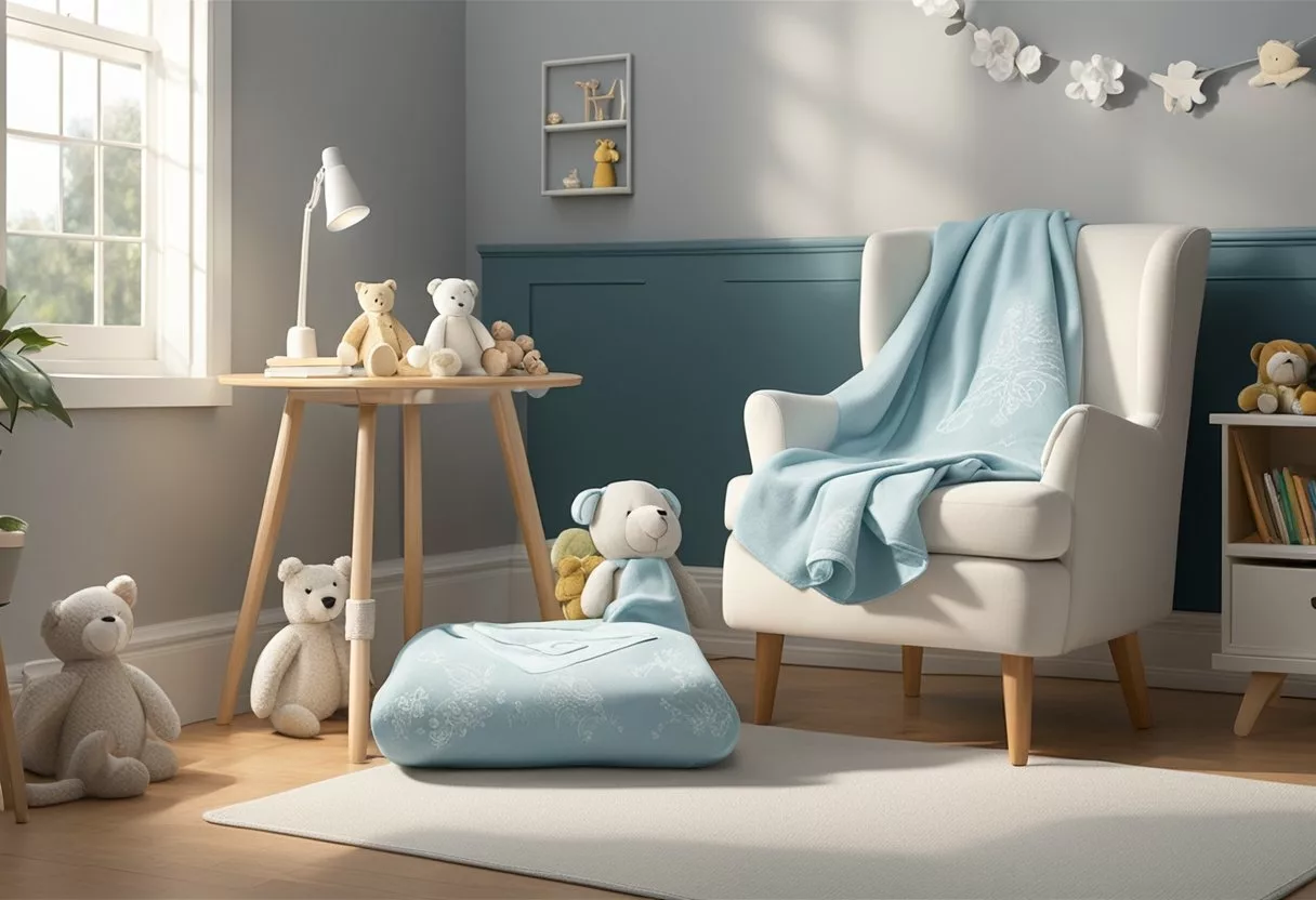 A small, soft blanket with the name "Finley" embroidered in delicate script rests on a cozy nursery chair, surrounded by toys and books