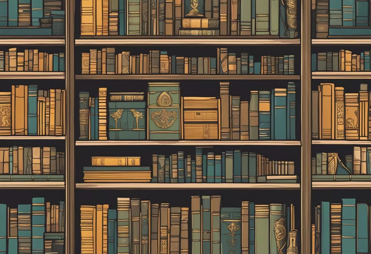 A bookshelf filled with volumes on history, literature, and pop culture, with the name 