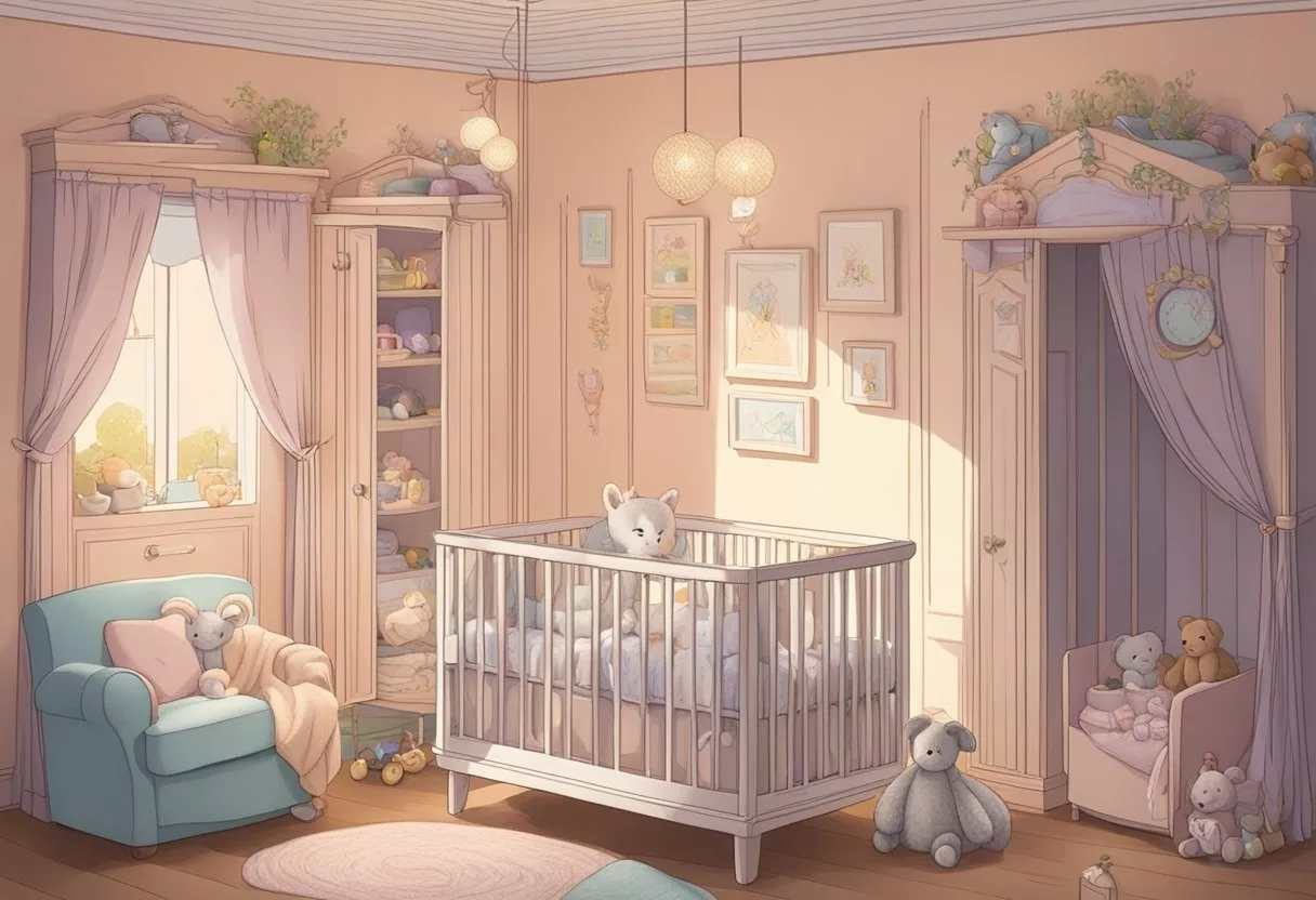 A small crib with the name "Freya" written in delicate script hangs on the wall, surrounded by soft pastel-colored blankets and toys