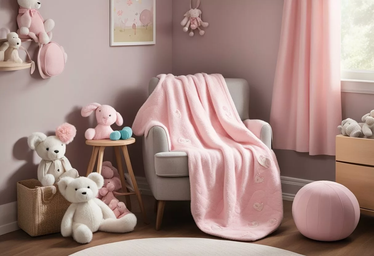 A small, pink blanket with "Georgia" embroidered in cursive sits in a cozy nursery, surrounded by soft toys and a rocking chair