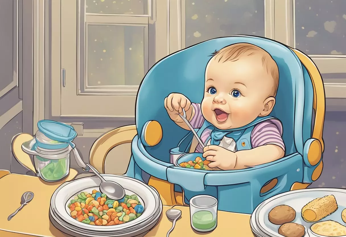 A baby named Graham sits in a high chair, reaching for a spoonful of pureed food. A colorful bib is tied around his neck, and a small toy dangles in front of him