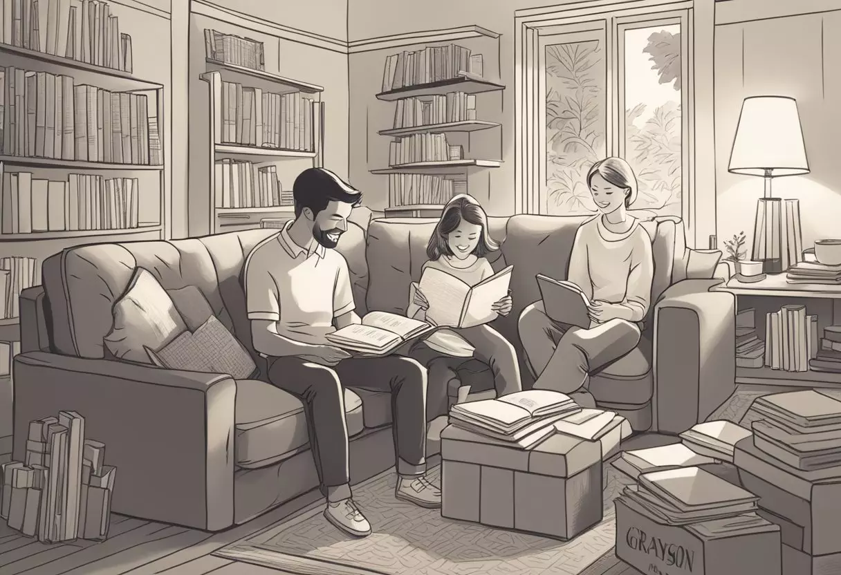 A couple sits in a cozy living room, surrounded by baby name books and lists. They smile as they circle the name 