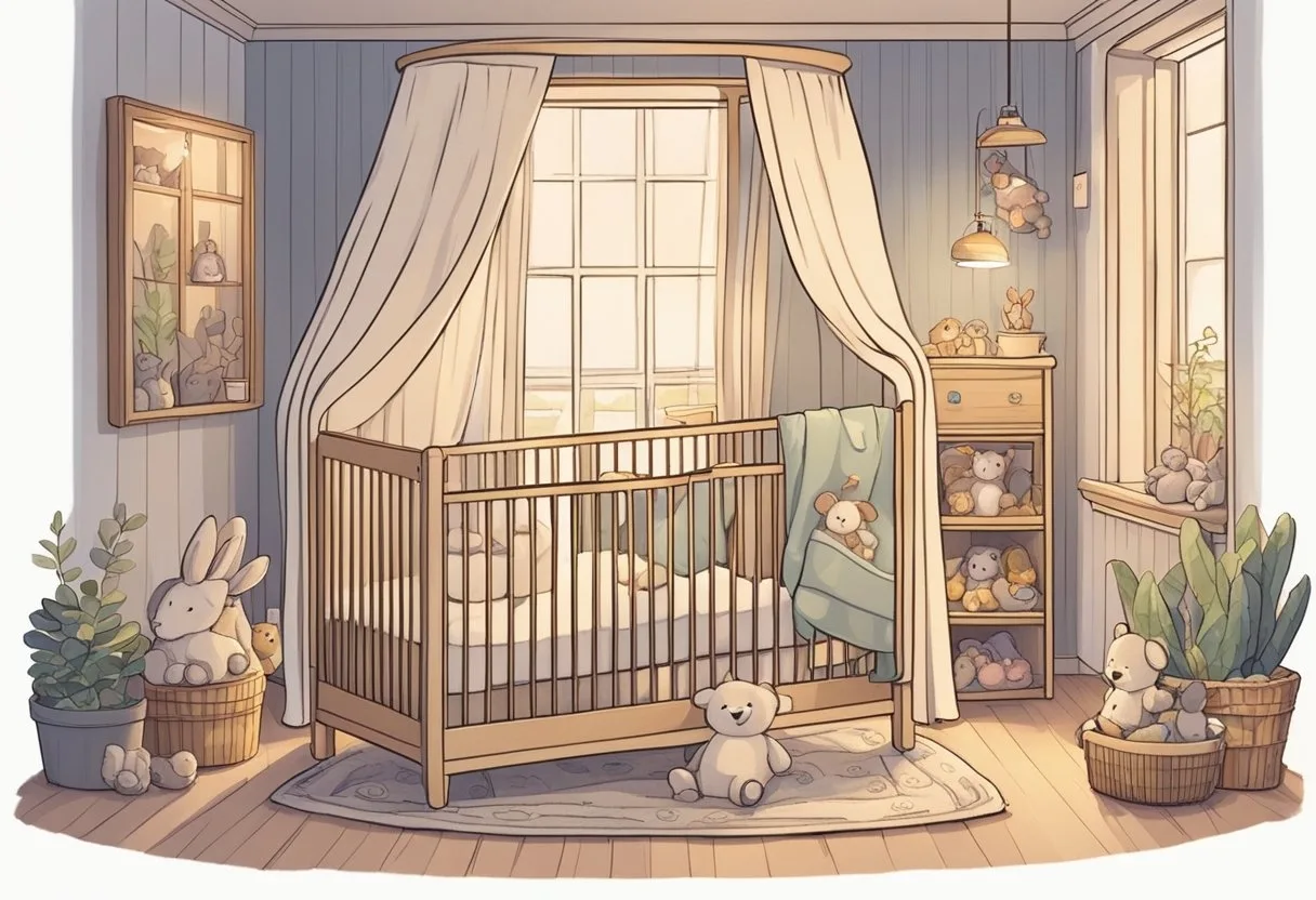 A small crib with the name "Heidi" hanging above it, surrounded by soft toys and a cozy blanket