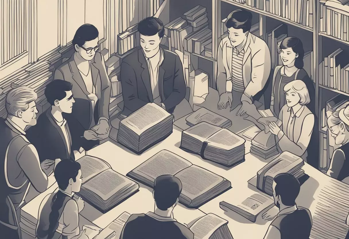 A group of people gathered around a book with the name 