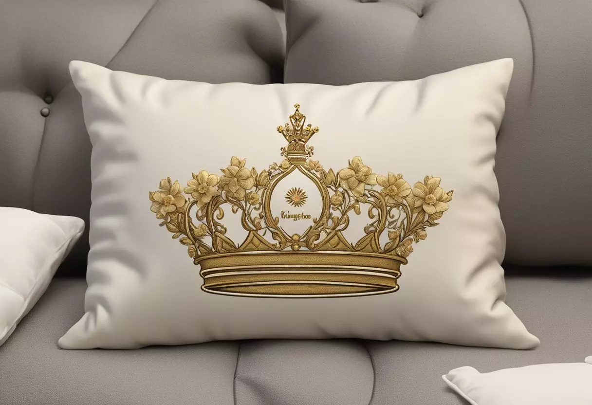 A golden crown rests on a plush pillow, embroidered with the name 