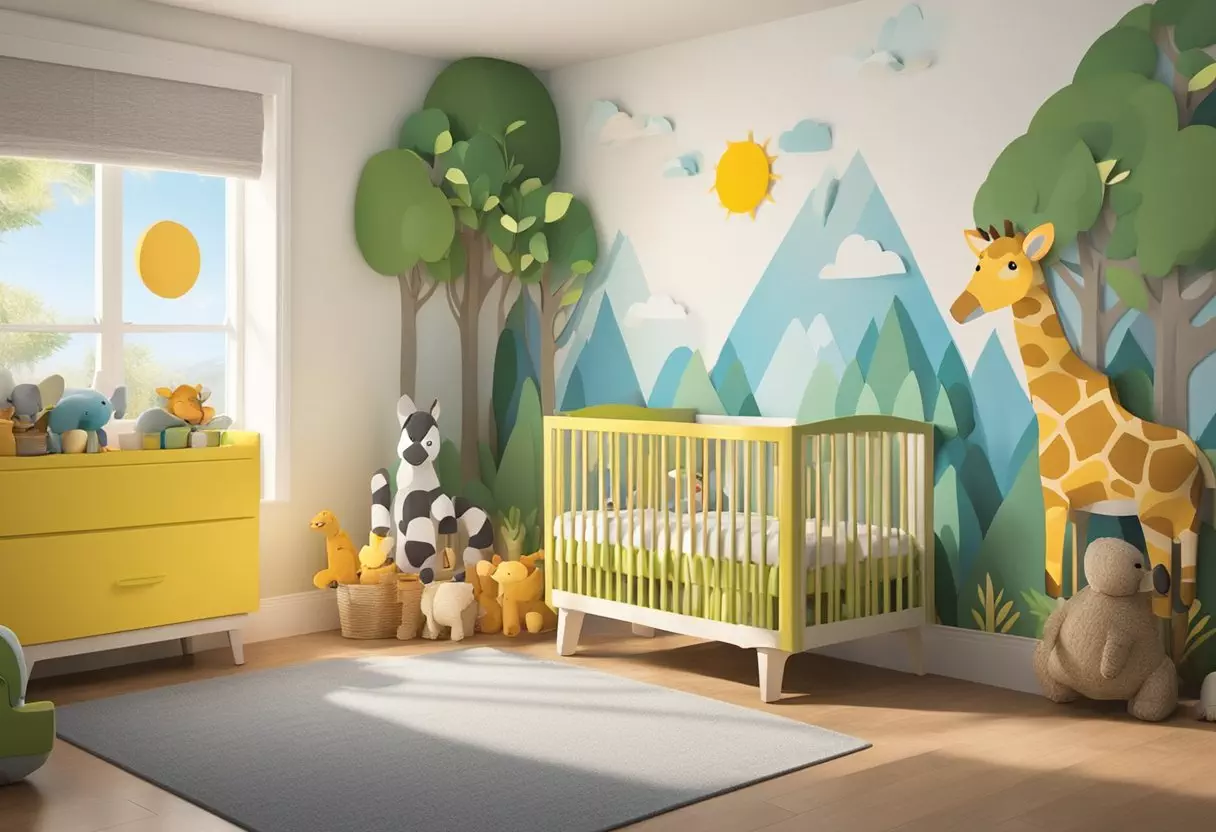 Landon's name written in colorful block letters on a nursery wall, surrounded by playful animal and nature-themed decorations