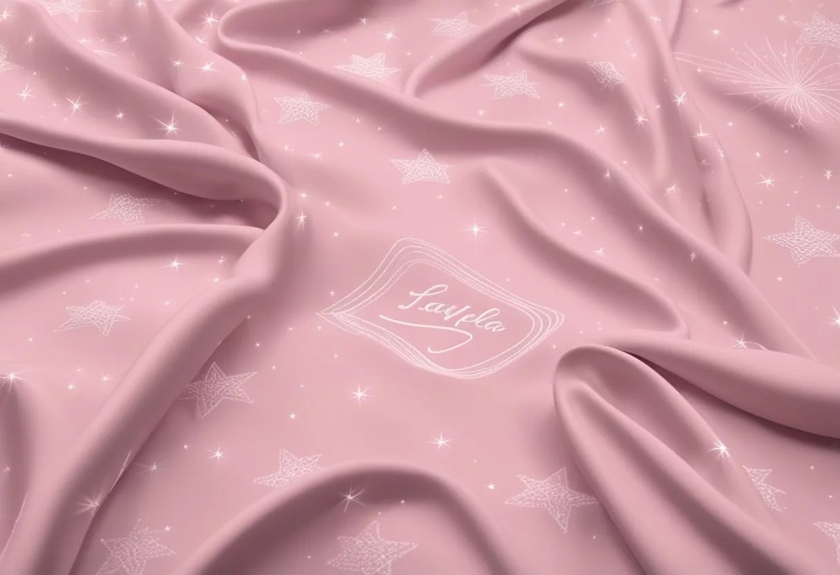 A soft pink blanket with the name "Layla" embroidered in delicate cursive letters, surrounded by a scattering of tiny stars