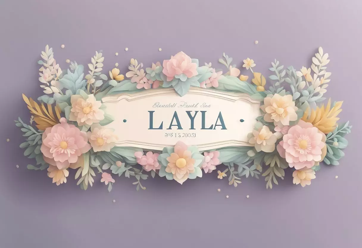 A baby layla nameplate surrounded by soft pastel colors and delicate floral motifs