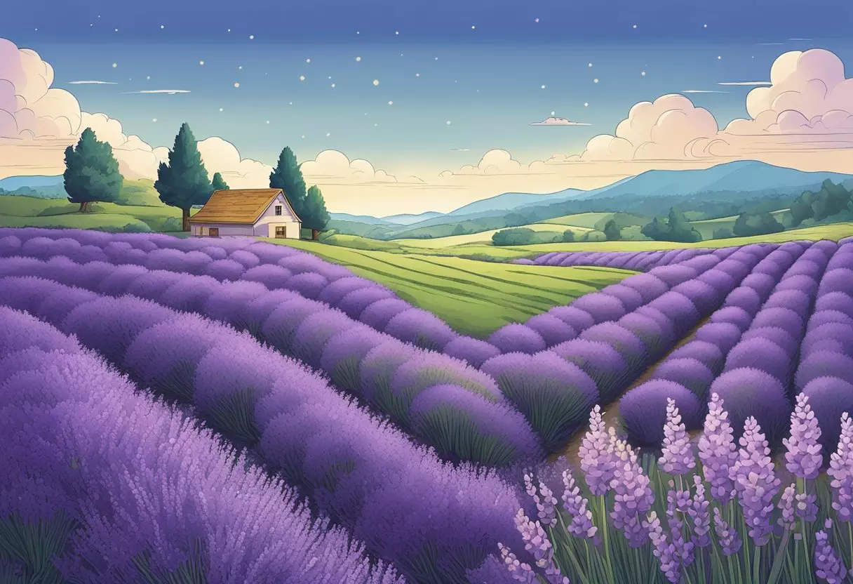 A field of blooming lavender with a book open to the page on the origin and meaning of the name 