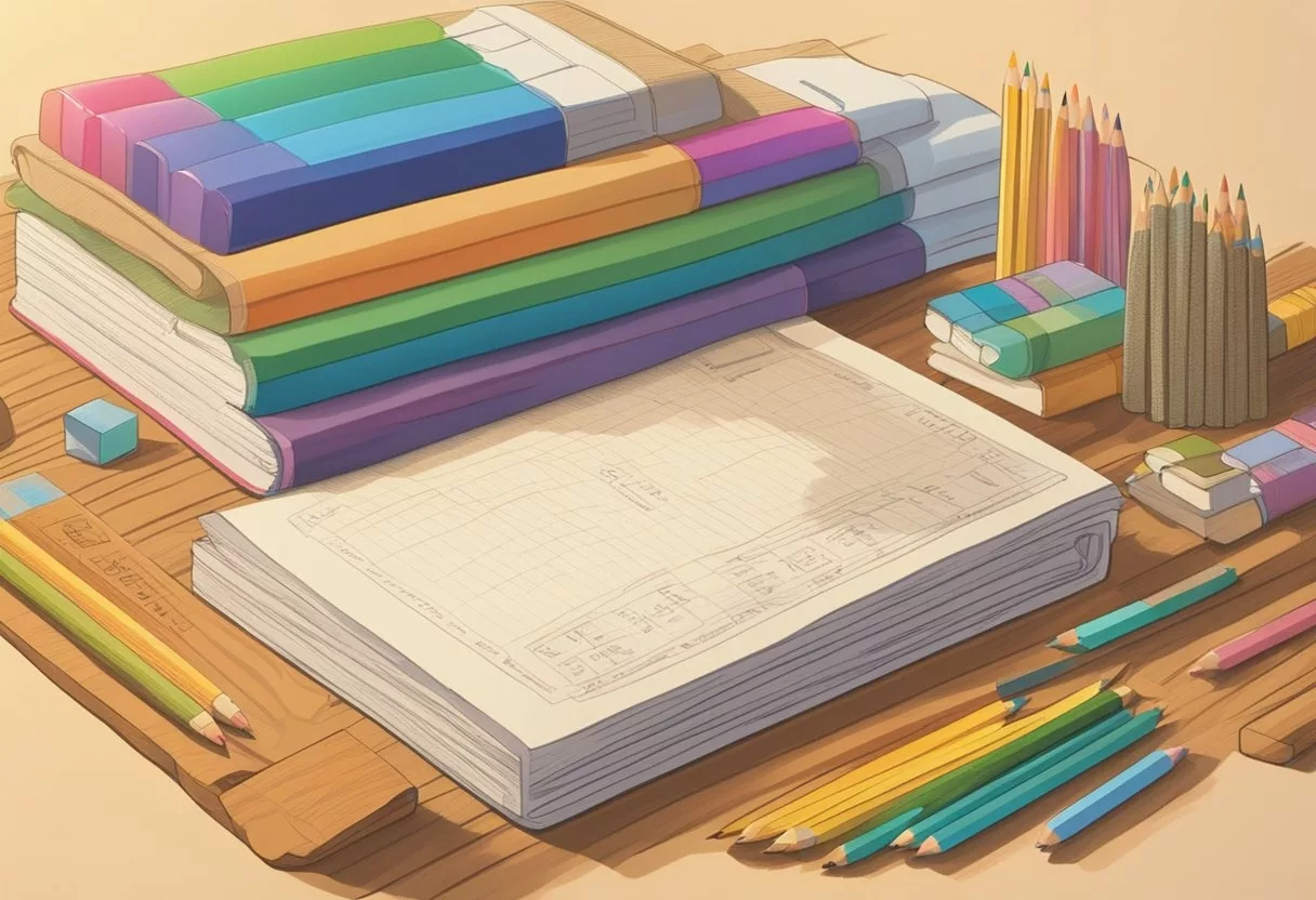 A colorful baby name ledger sits open on a wooden table, surrounded by scattered pencils and a soft, cozy blanket