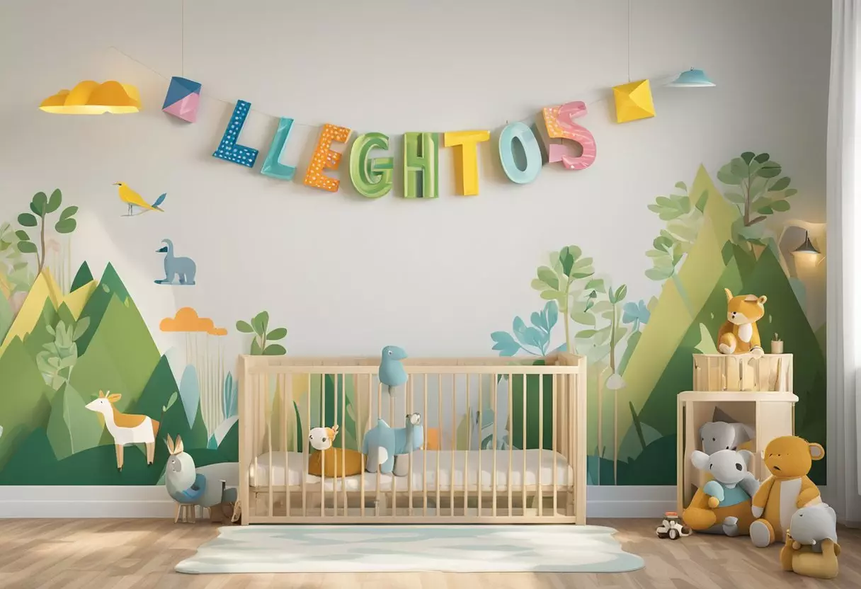 Leighton's name written in colorful block letters on a nursery wall, surrounded by playful animal and nature-themed decorations