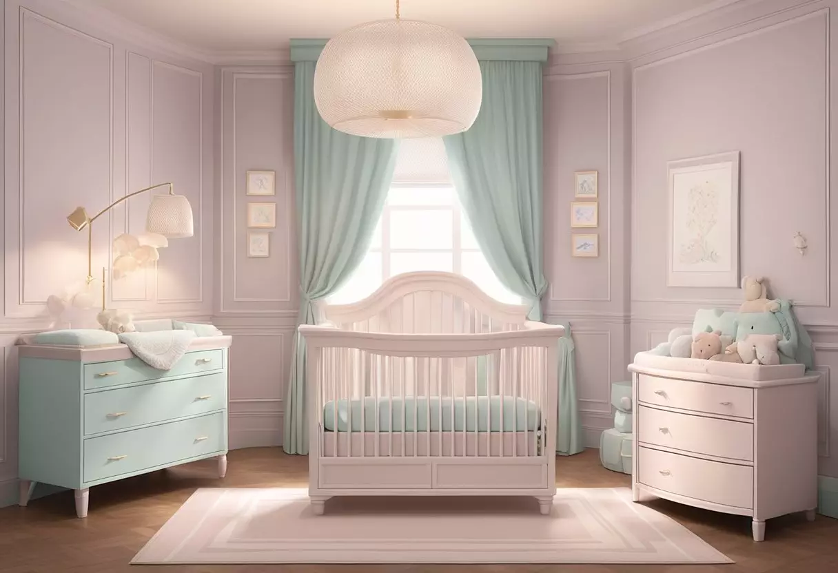 A soft, pastel-colored nursery with a crib adorned with the name 