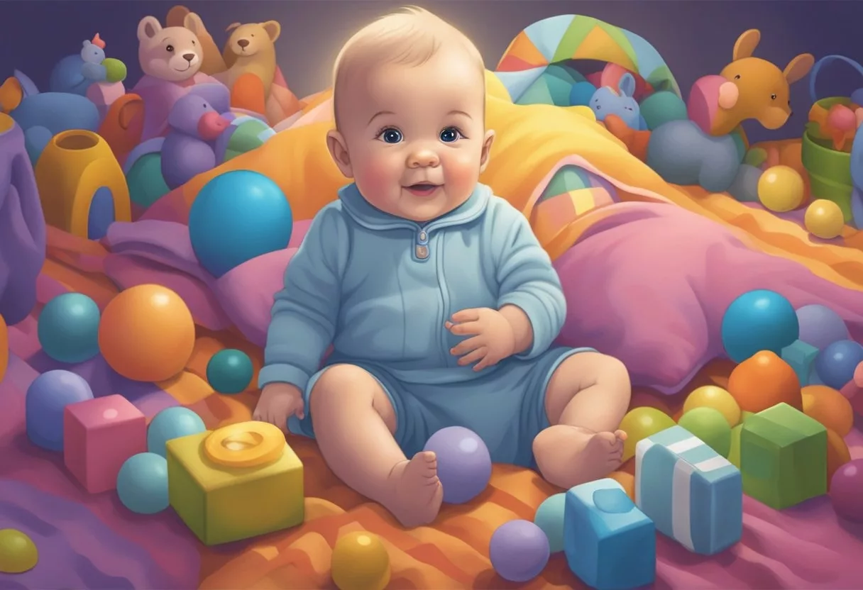 A baby named Loretta giggles while surrounded by colorful toys and soft blankets